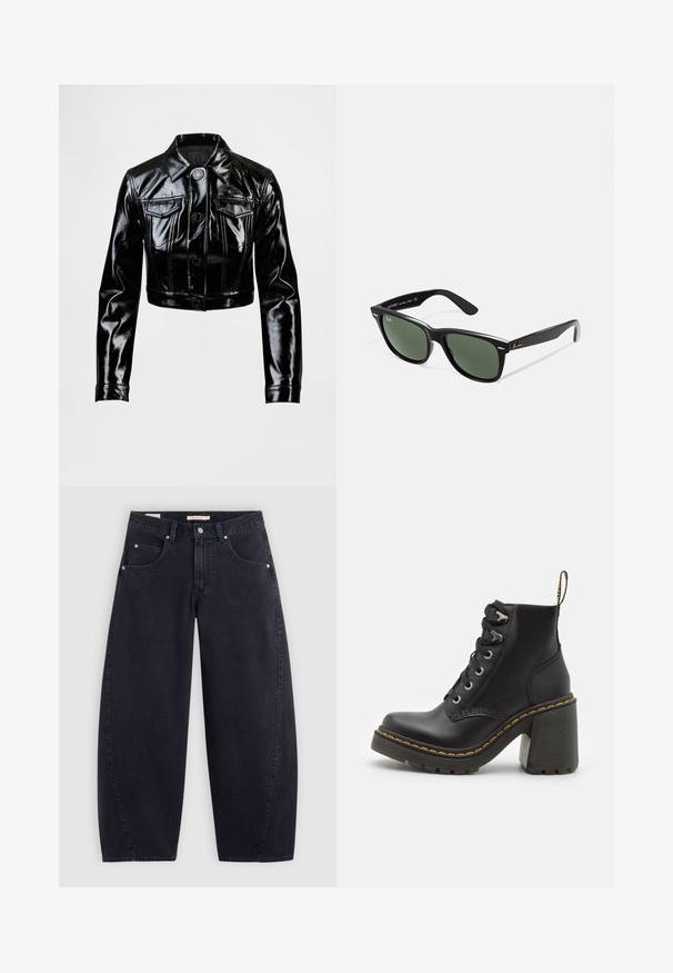 Black, cropped jacket made of shiny, faux leather. Features two chest pockets, a button-up front, and a pointed collar. Smooth texture.; Adidas white striped t-shirt with navy blue accents, featuring a round neck, short raglan sleeves, and bold "adidas" logo on the front.; Black denim wide-leg jeans with a high waist, two front pockets, and silver hardware. Smooth texture, minimal stitching details, and straight cut.; Black leather ankle boot featuring a chunky high heel, lace-up front, metal eyelets, and yellow stitching along the sole. Textured rubber outsole.; Black plastic sunglasses with green lenses, square frames, silver accent on the brow, and textured temple arms. Stated brand on inner arm.; Black tote bag with two long handles, a zippered top, and a small green crocodile logo centered below the handles.