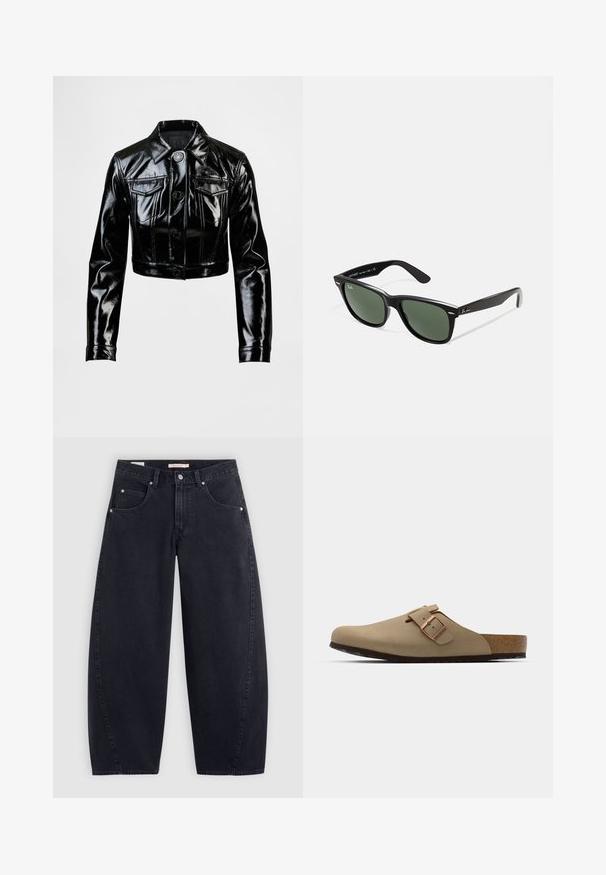 Chaqueta negra corta hecha de cuero sintético brillante. Cuenta con dos bolsillos en el pecho, cierre frontal de botones y cuello puntiagudo. Textura lisa.; Camiseta blanca de Adidas con rayas, detalles en azul marino, cuello redondo, mangas raglán cortas y un destacado logo de "adidas" en el frente.; Jeans anchos de mezclilla negra con cintura alta, dos bolsillos delanteros y herrajes plateados. Textura suave, detalles de costura mínimos y corte recto.; Zuecos beige con puntera redondeada, acento de hebilla ajustable y plantilla de corcho. Superficie texturizada con suela de goma negra para mayor agarre.; Gafas de sol de plástico negro con lentes verdes, montura cuadrada, acento plateado en la ceja y brazos texturizados. Marca indicada en el brazo interno.; Bolso tote negro con dos asas largas, parte superior con cremallera y un pequeño logo de cocodrilo verde centrado debajo de las asas.