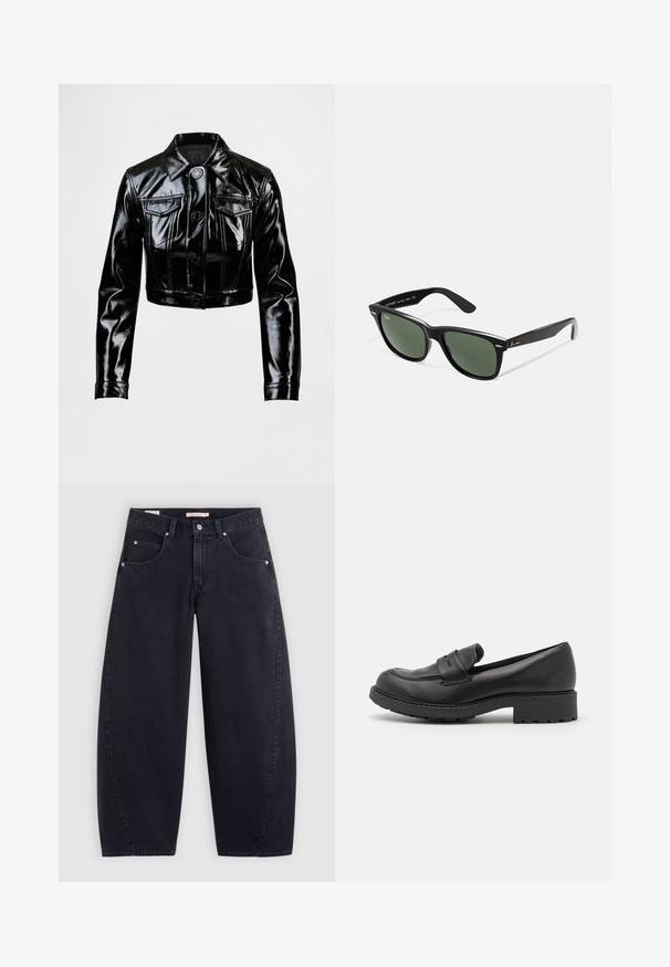 Musta, lyhyt takki kiiltävästä keinonahasta. Siinä on kaksi rintataskua, napitettava etuosa ja terävä kaulus. Sileä pinta.; Adidas valkoinen raidallinen t-paita tummansinisillä yksityiskohdilla, jossa on pyöreä kaula-aukko, lyhyet raglan-hihat ja rohkea "adidas"-logo edessä.; Mustat farkut, joissa on leveät lahkeet ja korkea vyötärö, kaksi etutaskua ja hopeiset yksityiskohdat. Sujuva pinta, minimaalinen ompelu ja suora leikkaus.; Musta nahkalettopohjaiset kengät, joissa on pyöristetty kärki, kaksi koristeellista nauhaa yläosassa ja paksu kumipohja, jossa on urat.; Mustat muoviset aurinkolasit, joissa on vihreät linssit, neliönmuotoiset kehykset, hopeinen yksityiskohta kulmakarvojen kohdalla sekä tekstuuriset temppeleiden varret. Brändi ilmoitettu sisävarsissa.; Musta kangaskassi, jossa on kaksi pitkää kahvaa, vetoketjullinen yläosa ja pieni vihreä krokotiililogo keskellä kahvojen alla.