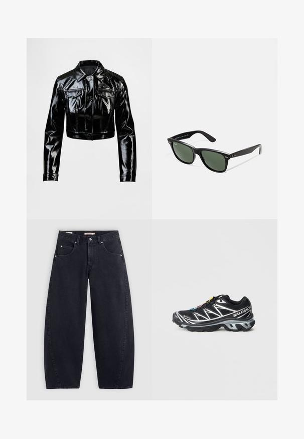 Čierna krátka bunda z lesklej umelenej kože. Má dve náprsné vrecká, zapínanie na gombíky vpredu a špicatý golier. Hladká textúra.; Biele tričko s bielymi pruhmi Adidas s námorníckymi modrými akcentmi, s okrúhlym výstrihom, krátkymi raglánovými rukávmi a výrazným logom "adidas" na prednej strane.; Čierne široké džíny z denimu s vysokým pásom, dvoma prednými vreckami a striebornými doplnkami. Hladká textúra, minimálne švy a rovný strih.; Čierna bežecká obuv so striebornými akcentmi, materiál GORE-TEX, textúrovaná podrážka a farebné šnúrky. Obsahuje polstrovanú pätu pre podporu.; Čierne plastové slnečné okuliare so zelenými šošovkami, štvorcové rámy, strieborný akcent na obočí a textúrované ramenné opierky. Brand uvedený na vnútornej strane ramien.; Čierna taška cez rameno s dvoma dlhými ušami, zipsom na vrchnej strane a malým zeleným krokodílom umiestneným pod uchami.