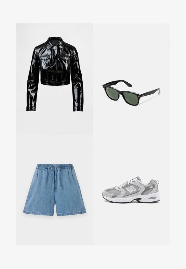 Fekete, rövidített dzseki csillogó műbőrből. Két mellzsebbel, gombos előlappal és hegyes gallérral rendelkezik. Sima tapintású.; Fehér Adidas csíkos póló sötétkék részletekkel, kerek nyakkal, rövid raglán ujjal és hangsúlyos "adidas" logóval az elején.; Világoskék farmer sort, rugalmas derékkal és zsinórral. Oldalsó zsebekkel rendelkezik, és laza szabású, varrott szegésekkel.; Szürke sportcipők hálós és velúr felsőrésszel, fehér fűzőkkel és fekete talppal. Kiemelkedő "N" logóval és párnázott gallérral rendelkezik.; Fekete műanyag napszemüveg zöld lencsékkel, négyzet alakú kerettel, ezüst díszítéssel a keret felső részén, valamint texturált szárakkal. A márka neve a belső száron található.; Fehér textúrájú kézitáska ívelt formával, arany kiegészítőkkel, levehető pánttal és logós díszítéssel. Tartalmaz egy kulcstartó címkét a márkázással.