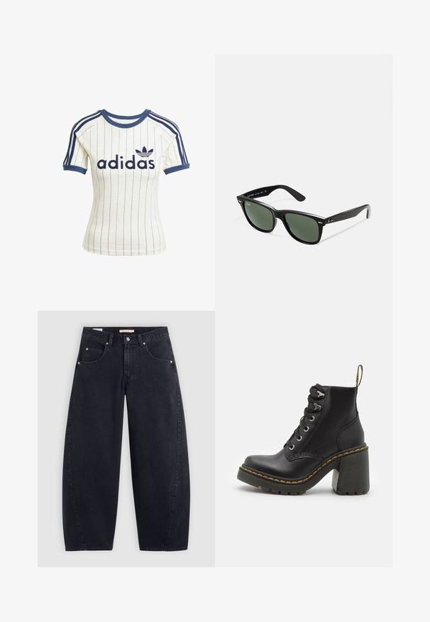 Jachetă neagră scurtă din piele ecologică lucioasă. Are două buzunare la piept, închidere cu nasturi și guler ascuțit. Textură netedă.; Tricou alb cu dungi Adidas, cu accente bleumarin, având guler rotund, mâneci scurte raglan și un logo „adidas” îndrăzneț pe față.; Jeans negri din denim, cu croi larg și talie înaltă, două buzunare frontale și accesorii din metal argintiu. Textură netedă, detalii minime de coasere și croială dreaptă.; Botine din piele neagră, cu toc înalt masiv, sistem de prindere cu șiret, ocheți din metal și cusături galbene de-a lungul tălpii. Talpă din cauciuc texturat.; Ochelari de soare din plastic negru cu lentile verzi, rame pătrate, accent argintiu pe sprânceană și brațe texturate. Marca este menționată pe brațul interior.; Geantă de umăr neagră, cu două mânere lungi, un fermoar în partea de sus și un mic logo de crocodil verde centrat sub mânere.