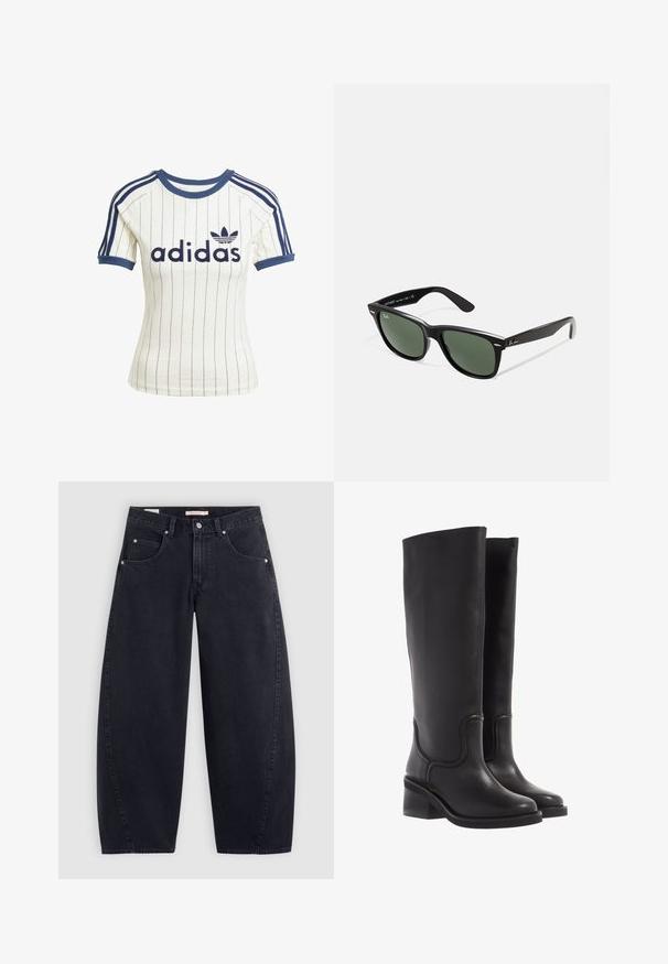 Črni skrajšani suknjič iz sijočega umetnega usnja. Ima dva prsna žepa, gumbe spredaj in špičast ovratnik. Gladek tekstura.; Adidas belo majico s črtami in mornarsko modrimi detajli, z okroglim izrezom, kratkimi raglan rokavi in odmevnim logotipom "adidas" na sprednji strani.; Črne jeans hlače širokih nogavic z visokim pasom, dvema sprednjima žepoma in srebrnim dodatkom. Gladka tekstura, minimalni detajli šivov in ravna kroj.; Črne usnjene škornje do kolen z gladko teksturo, zaokroženim prstom in robustnim petnim delom. Imajo diskretne šive in poenoteno zasnovo.; Črne plastične sončna očala z zelenimi lečami, kvadratni okvirji, srebrni detajl na obrvi in teksturirani ročaji. Blagovna znamka navedena na notranji strani ročaja.; Črna torba z dolgimi ročaji, z zadrgo na vrhu in majhnim zelenim krokodilom, ki je osrednji pod ročaji.