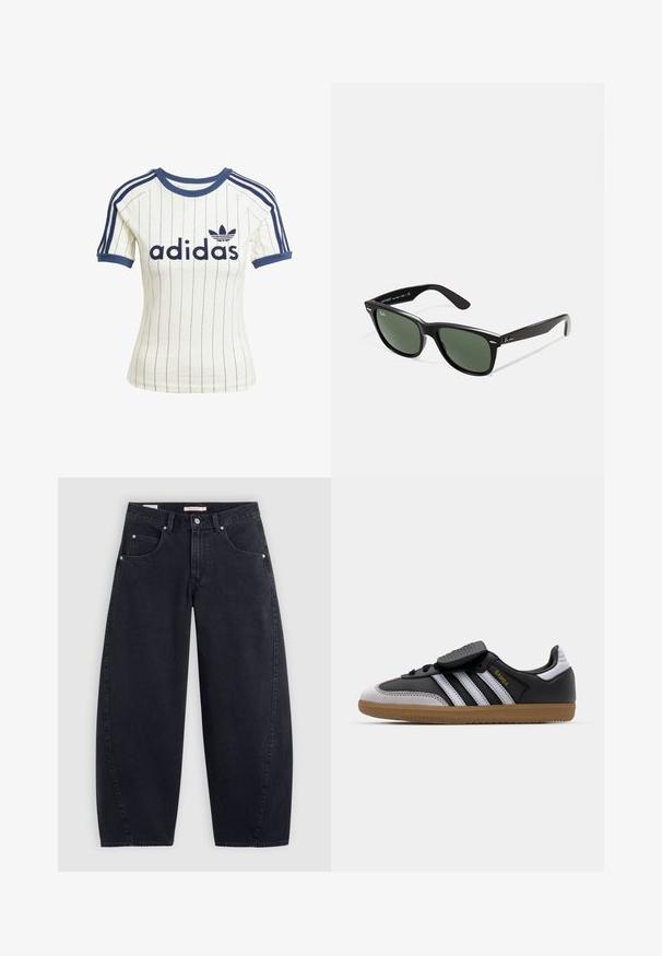 Czarna, krótka kurtka wykonana z błyszczącej, sztucznej skóry. Posiada dwie kieszenie na piersi, zapięcie na guziki z przodu oraz szpiczasty kołnierz. Gładka faktura.; Biała koszulka Adidas w paski z granatowymi akcentami, charakteryzująca się okrągłym dekoltem, krótkimi rękawami raglanowymi oraz wyraźnym logo "adidas" z przodu.; Czarne dżinsowe spodnie szerokie w nogawkach z wysokim stanem, dwoma przednimi kieszeniami i srebrnymi elementami. Gładka tekstura, minimalne detale w szwach i prosty krój.; Czarne skórzane i szare zamszowe sneakersy z białymi paskami, gumową podeszwą, sznurowanym przodem oraz rzepem. Charakteryzują się złotym logo "Samba".; Czarne plastikowe okulary przeciwsłoneczne z zielonymi szkłami, kwadratowe oprawki, srebrny akcent na brwi oraz fakturowane ramiona temple. Nazwa marki podana na wewnętrznej stronie ramion.; Czarna torba na ramię z dwoma długimi uchwytami, zamkiem błyskawicznym u góry oraz małym zielonym logo krokodyla umieszczonym centralnie poniżej uchwytów.