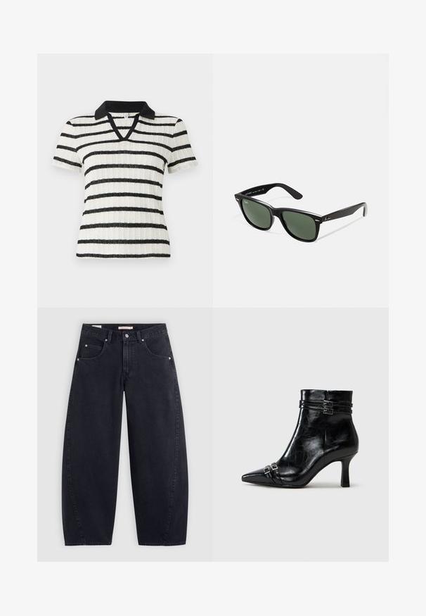 Svart, kort jacka gjord av glansigt konstläder. Har två bröstfickor, knäppning framtill och en spetsig krage. Slät yta.; Vitt kortärmat skjorta med svarta horisontella ränder och svart polo-krage. V-ringad design med ribbad textur.; Svarta denim byxor med vida ben och hög midja, två framfickor och silverdetaljer. Slät textur, minimal sömnadsdetaljer och rak passform.; Tamaris Stövletter med kilklack - black; Svarta plastsolglasögon med gröna linser, fyrkantiga bågar, silverdetalj på ögonbrynet och texturerade skalmar. Angiven märkning på den inre skalmen.