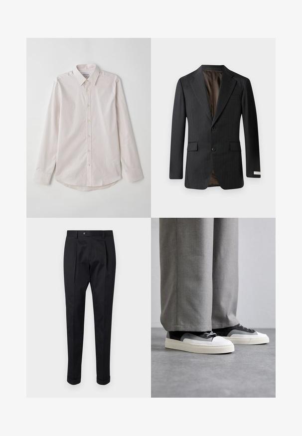 Dark gray pinstripe blazer with a notch lapel, two buttons, and two front pockets. Lined in a contrasting brown fabric.; Light pink long-sleeve button-up shirt with a spread collar, vertical stripes, and rounded hem. Features beige buttons and a smooth texture.; Black trousers made of a smooth fabric, featuring a fold at the front, a button closure, and rolled cuffs at the ankle.; Filling Pieces RIVIERA - Trainers - grey