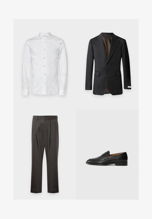 Blazer de culoare gri închis cu dungi, cu rever în formă de decupaj, două butoane și două buzunare frontale. Căptușit cu un material de culoare maro în contrast.; Cămașă albă din bumbac cu mânecă lungă, guler clasic, închidere cu butoane pe față și manșete cu butoane. Textură netedă și croială ajustată.; Pantaloni gri închis dintr-un material texturat, având față plată, pliuri, picioare drepte și bucle pentru curea. Fără hardware sau modele vizibile.; Lofer din piele neagră, cu vârf rotund, detalii cusute subtile și toc jos, având o textură netedă și un design minimalist.