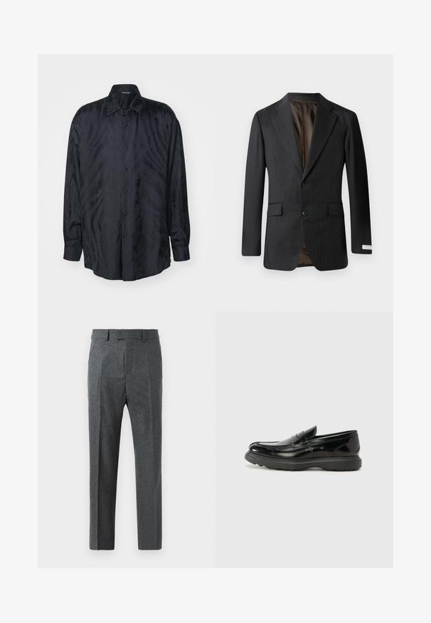 Tamsiai pilka švarkas su dryžuotais raštais, su iškirpte notch, dviem mygtukais ir dviem priekinėmis kišenėmis. Viduje yra kontrastingos rudos spalvos pamušalas.; Roberto Cavalli FREEDOM COOL FIT - Marškiniai - black; Pilki pritaikyti kelnių modeliai su smulkiu languotu raštu, tiesių kojų dizainu ir lygios medžiagos tekstūra. Turi diržo kilputes ir užtrauktuką.; Juodas odinis loaferis su blizgiu paviršiumi, apvaliu pirštu, subtiliais siūlių detalėmis ir storu guminio pado, užtikrinančio ilgaamžiškumą.