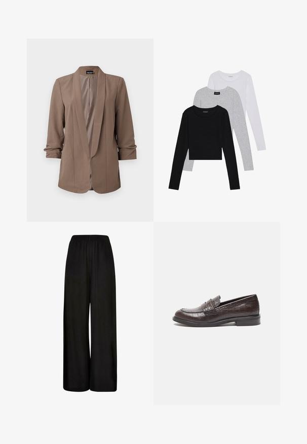 Brown, lightweight blazer with a notched lapel and three-quarter sleeves. Smooth texture, open front, and tailored design with no fastenings.; Three long-sleeve tops stacked: black, grey, and white. Each has a round neckline and a cropped design with smooth, lightweight fabric.; Black wide-leg trousers made of a smooth fabric. Features an elastic waistband and a loose, flowing fit for comfort and ease of movement.; Dark brown leather loafers featuring a crocodile texture, low heel, and stitched detailing on the front for added design.