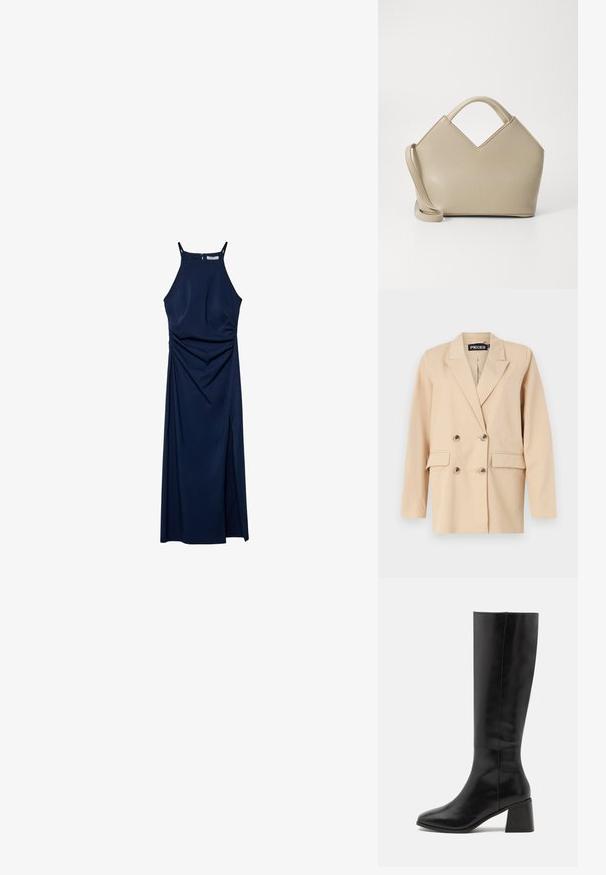 Beige dvouřadý blazer s klopami, se dvěma předními kapsami a velkými knoflíky. Vyrobeno z lehkého materiálu s hladkou strukturou.; Námořnická modrá bezrukávová šaty s přiléhavým korzetem, splývavými bočními detaily a bočním rozparkem. Hladká tkanina a zapínání na zip na zadní straně.; ONLY SHOES ONLBIJOU KNEE HIGH BOOT - Vysoká obuv - black; Béžová strukturovaná kabelka s V-tvarovaným vrchem, hladkou koženou strukturou, krátkými rukojetmi a dlouhým nastavitelným popruhem. Minimalistický design.
