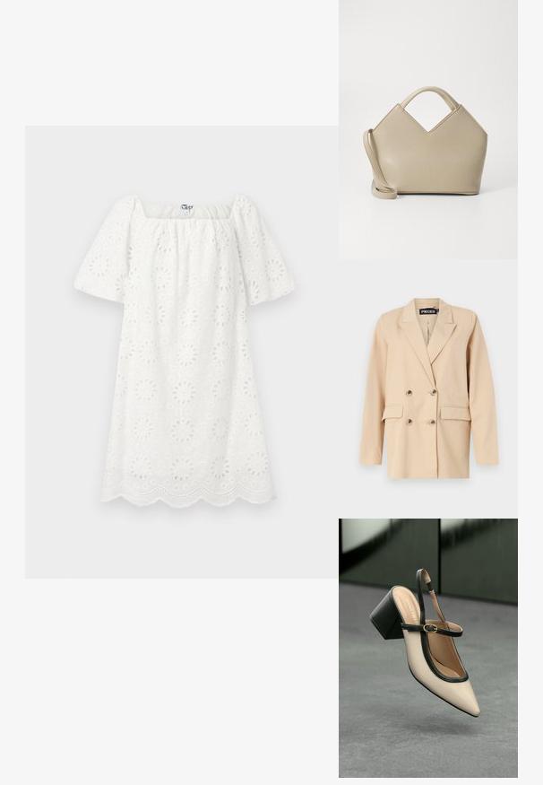 Blazer beige à double boutonnage avec un col cranté, doté de deux poches avant et de grands boutons. Fabriqué en tissu léger avec une texture lisse.; Robe blanche avec décolleté carré et manches courtes bouffantes. Réalisée en tissu texturé avec des motifs floraux découpés et un ourlet festonné.; Escarpin beige à bout pointu et bride arrière, avec des finitions noires, une boucle dorée et un talon bloc épais, posé sur un sol gris avec un fond vert foncé.; Sac à main structuré beige avec un dessus en V, en cuir lisse, muni de poignées courtes et d'une longue bandoulière réglable. Design minimaliste.