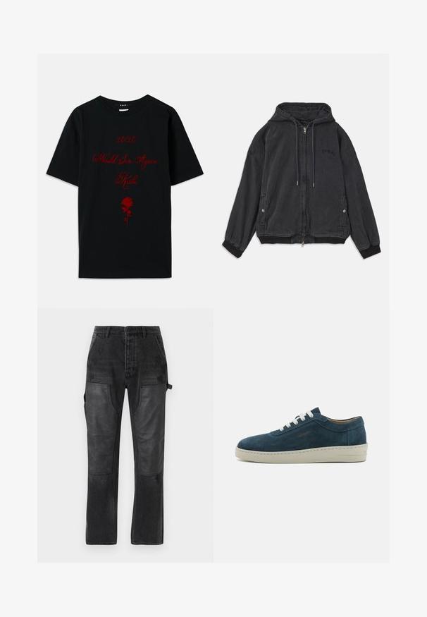 Black hooded jacket made of soft fabric, featuring a zip closure, side pockets, and ribbed cuffs. Subtle logo detail on the chest.; Black cotton t-shirt featuring red text: "10/10 Would Sin Again" and a rose graphic. Simple crew neck design, short sleeves.; Black denim trousers with contrasting black leather panel accents, straight leg design, and subtle distressed detailing on the fabric.; Blue suede sneaker with a rounded toe, white laces, and a rubber sole. Features subtle stitching and a branded accent on the side.