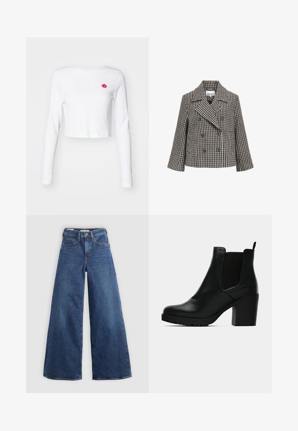 Topeltased ülikond, millel on hundihammaste muster, musta ja kreemika värviskeemiga, laiade kraedega ja neli esist nuppu.; Valge lühikeste varrukatega topp, mis on valmistatud pehmest kangast, vasakul rinnal on väike roosa roosi tikand. Lihtne kujundus, ilma mustriteta.; Laiad sinise denimi püksid viie taskuga, nupuga sulgemine ja kontrastõmblusega, omavad pehmet ja tekstuurset viimistlust.; Mustmustest mustanööriga mustad nahast kämbloajutiset, millel on kärgtall, elastsed külgmised paneelid, tõmbenöör ja tekstureeritud põhi valgel taustal.