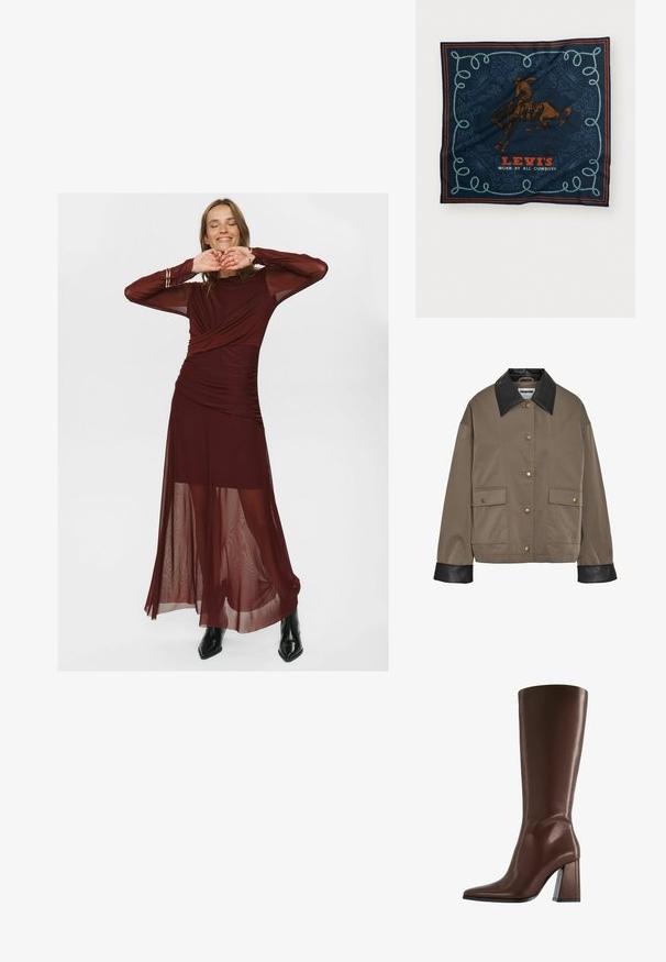 Brown buttoned jacket with black leather collar and cuffs, featuring two front flap pockets with snap closures.; Long burgundy dress made of sheer and smooth fabric, featuring a wrapped bodice, ruched detailing, and sheer long sleeves.; Brown knee-high leather boot with pointed toe and chunky mid-height heel shown in side profile on white background.; Navy silk scarf featuring a brown horse rider graphic, decorative blue rope pattern, and “LEVI’S WORN BY ALL COWBOYS” text in red.