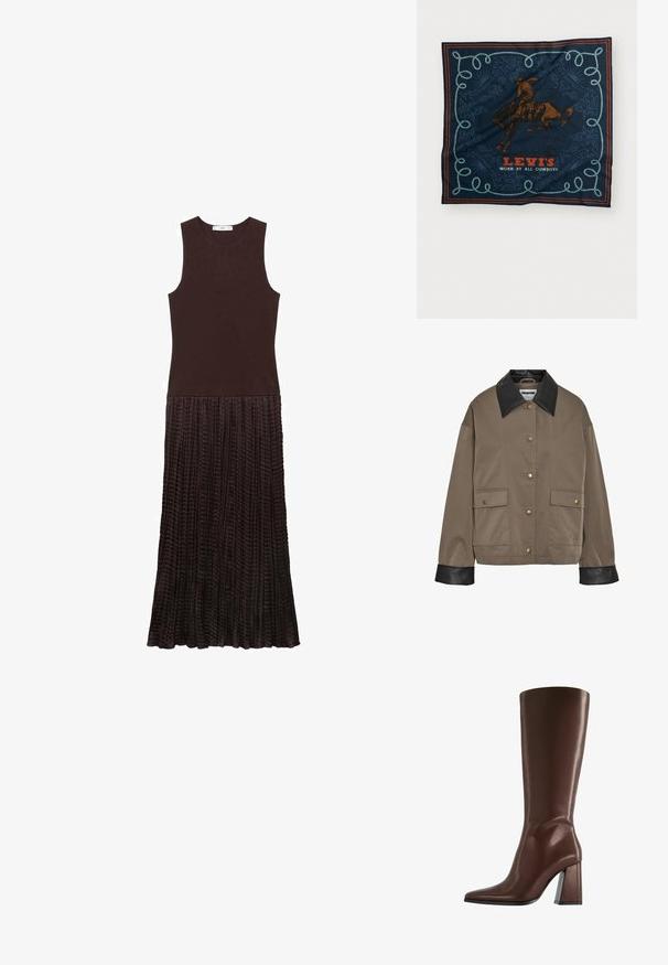 Jachetă maro cu nasturi, cu guler și manșete din piele neagră, având două buzunare frontale cu clapetă și închidere tip snap.; Rochie fără mânici, de culoare marron, cu un corset ajustat și o fustă plisată, texturată. Materialul pare moale, cu un luciu subtil.; Cizme maro din piele, până la genunchi, cu vârf ascuțit și toc gros de înălțime medie, prezentate în profil lateral pe fundal alb.; Săcul de mătase bleumarin cu un grafic cu un călăreț pe cal maroniu, un model decorativ cu frânghie albastră și textul „LEVI'S PURTAT DE TOȚI COWBOYI” în roșu.