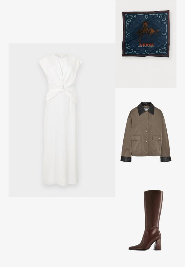 Smeđi sako s dugmadima, crnim kožnim ovratnikom i manžetama, sadrži dva prednja džepa s preklopom i sigurnosnim zatvaračima.; Bijela haljina bez rukava s visokim izrezom i uvijenim prednjim dijelom. Duga, ravna silueta s glatkom teksturom. Zatvaranje na patentni zatvarač na leđima.; Smeđa kožnata čizma do koljena s šiljatim vrhom i debelom petom srednje visine prikazana s bočne strane na bijeloj pozadini.; Mornarica svila šal s grafikom jahača smešnog konja u smešnoj boji, dekorativnim plavim uzorkom užeta i tekstom "LEVI'S NOŠEN OD SVIH KAVBOJA" u crvenoj boji.