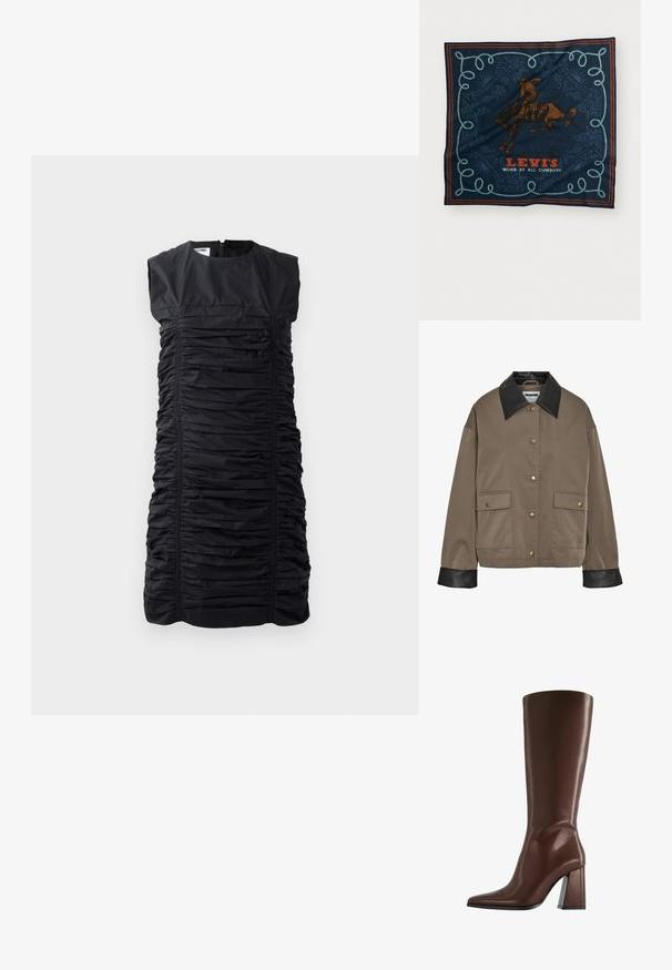 Smeđi sako s dugmadima, crnim kožnim ovratnikom i manžetama, sadrži dva prednja džepa s preklopom i sigurnosnim zatvaračima.; Crna haljina bez rukava s naboranom teksturom, vertikalnim naborima i visokim izrezom. Zatvaranje na stražnjem dijelu sa patentnim zatvaračem. Elegantna, krojena silueta.; Smeđa kožnata čizma do koljena s šiljatim vrhom i debelom petom srednje visine prikazana s bočne strane na bijeloj pozadini.; Mornarica svila šal s grafikom jahača smešnog konja u smešnoj boji, dekorativnim plavim uzorkom užeta i tekstom "LEVI'S NOŠEN OD SVIH KAVBOJA" u crvenoj boji.; Smeđi suvenir torbica od antilopa s dva čvrsta ručka, pravokutnog oblika i ukrasnim remenom preko prednje strane.