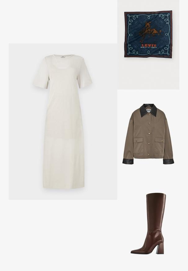 Giubbotto marrone con bottoni, colletto e polsini in pelle nera, dotato di due tasche frontali con pattina e chiusura a scatto.; Abito beige chiaro realizzato in tessuto morbido, con maniche corte e scollatura rotonda, dalla silhouette dritta e lungo fino alla caviglia.; Stivale marrone in pelle alto fino al ginocchio con punta a punta e tacco medio spesso, mostrato di profilo su sfondo bianco.; Foulard di seta blu navy con una grafica di un cavaliere a cavallo marrone, un motivo decorativo di corda blu e il testo "LEVI'S INDOSSATO DA TUTTI I COWBOY" in rosso.