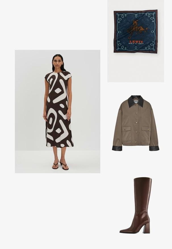 Bruine button-up jas met een zwarte leren kraag en manchetten, met twee voorflapzakken met drukknoopsluitingen.; Bruine midi-jurk met wit abstract patroon, korte mouwen, ronde halslijn en gebogen zoom. Model gecombineerd met bruine sandaaltjes met banden.; Bruine kniehoge leren laars met puntige neus en stevige hak van middelhoge hoogte, zijaanzicht op witte achtergrond.; Marineblauwe zijden sjaal met een grafisch ontwerp van een bruine ruiter, een decoratief blauw koordpatroon en de tekst "LEVI'S DRAAGT DOOR ALLE COWBOYS" in het rood.