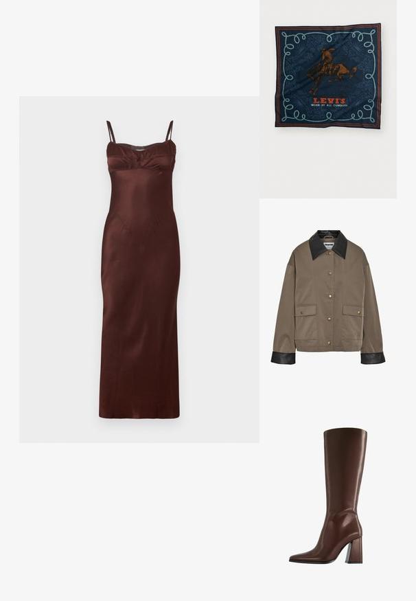 Jachetă maro cu nasturi, cu guler și manșete din piele neagră, având două buzunare frontale cu clapetă și închidere tip snap.; Rochie midi din satin, de culoare maro închis, cu bretele subțiri ajustabile, bust aderent, detalii pliate la bust și textură netedă.; Cizme maro din piele, până la genunchi, cu vârf ascuțit și toc gros de înălțime medie, prezentate în profil lateral pe fundal alb.; Săcul de mătase bleumarin cu un grafic cu un călăreț pe cal maroniu, un model decorativ cu frânghie albastră și textul „LEVI'S PURTAT DE TOȚI COWBOYI” în roșu.