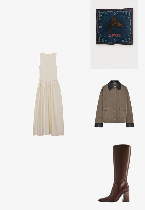 Hnědá sako na knoflíky s černým koženým límcem a manžetami, obsahující dvě přední kapsy s klopami a patentními uzávěry.; Beige bezramenné šaty s kulatým výstřihem, fitted korzetem a volnou, splývavou sukní. Hladká látka s jemnou texturou a subtilním leskem.; Hnědá kožená bota až po kolena s špičatou špičkou a masivním průhledným podpatkem. Hladký povrch s minimálním zdobením.; Námořnický hedvábný šátek s grafikou hnědého jezdce na koni, dekorativním modrým lanovým vzorem a textem "LEVI'S NOŠENÉ VŠEMI KOVBOJI" v červené barvě.