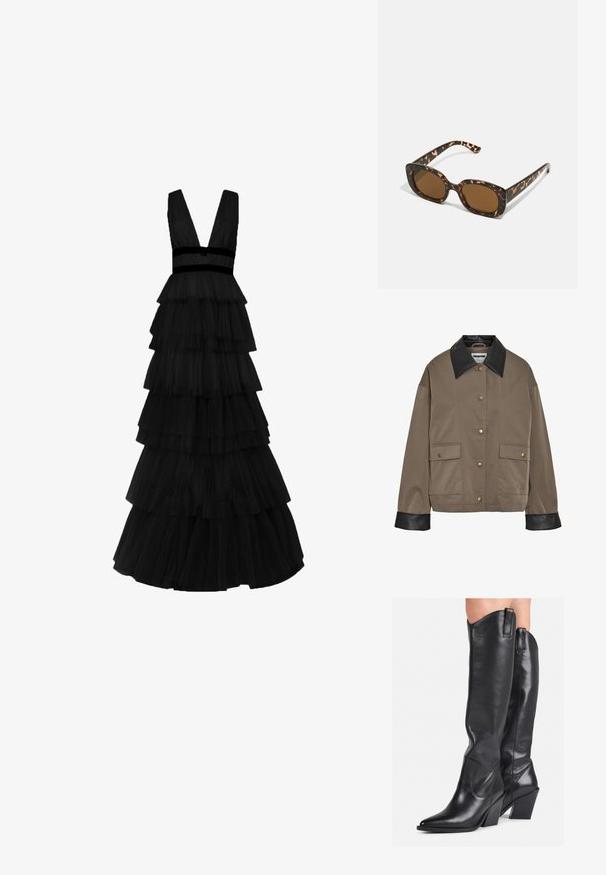 Brun knapplöst jacka med svart läderkrage och ärmslut, som har två framfickor med klaff och tryckknappar.; True Decadence Maxiklänning - black; Svarta läderstövlar i knähöjd med spetsig tå, böjd skaft och kraftig klack. Har en slät yta och dragflikar på toppen.; Sköldpaddsmönstrade solglasögon med en rund, kraftig ram och bruna linser. Har subtila mönster och raka, avsmalnande skalmar.