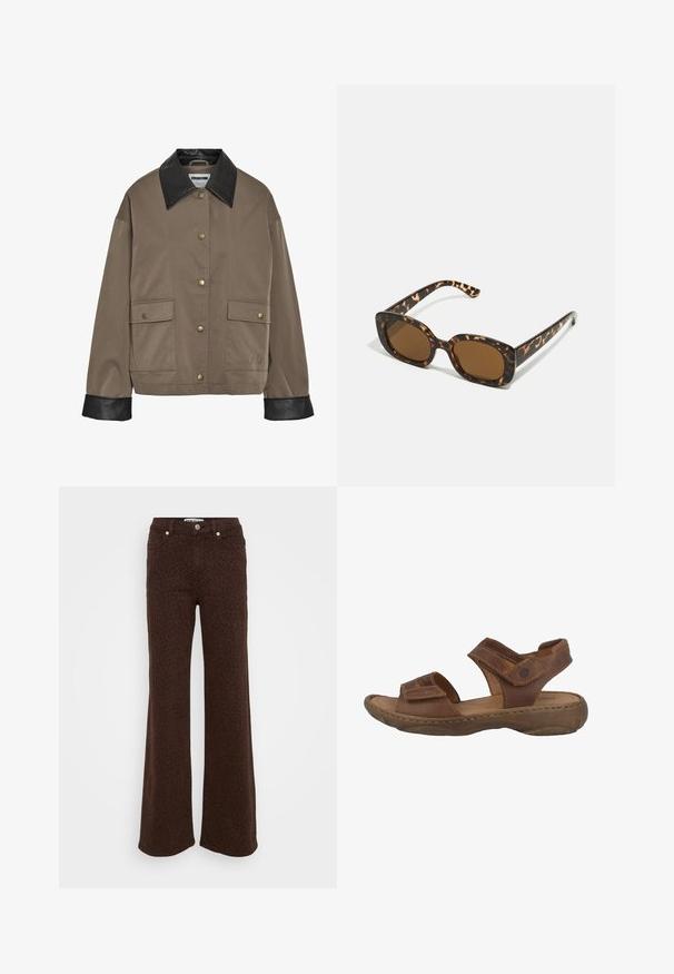 Chaqueta marrón con botones, cuello y puños de cuero negro, que cuenta con dos bolsillos frontales con solapa y cierres a presión.; Sudadera a rayas rojas y blancas con mangas largas, cuello redondo y ribete acanalado. Presenta un pequeño logo azul en el pecho.; Pantalones de campana marrones con un patrón de leopardo negro, con un diseño clásico de cinco bolsillos y herrajes plateados. Fabricados en tela de mezclilla.; Sandalias de cuero marrón con una plantilla acolchada, dos correas ajustables y una suela de goma texturizada. Presenta detalles de costura visibles.; Gafas de sol de carey con un marco redondeado y robusto y lentes marrones. Presentan patrones sutiles y brazos rectos y cónicos.; Pañuelo de seda azul marino con un gráfico de un jinete a caballo en marrón, un patrón decorativo de cuerda azul y el texto "LEVI'S LLEVADO POR TODOS LOS COWBOYS" en rojo.