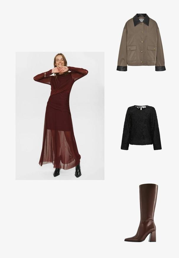 Rjava jakna na gumbe z črnim usnjenim ovratnikom in manšetami, ki ima dve sprednji žepni flap z zapiranjem na pritiskač.; Črna dolga majica z dolgimi rokavi, ki ima zapleten dizajn cvetličnega čipke, širok izrez in majhno ključavnico na hrbtni strani. Teksturirana površina.; Dolg burgundski plašč iz prosojnega in gladkega materiala, ki ima zavit korpus, gube in prosojne dolge rokave.; Rjava usnjena škornja do kolen z zašiljenim prstom in grobim srednje visokim petom, prikazana v stranskem profilu na belem ozadju.; Rjava semiš torba z dvema robustnima ročajema, pravokotne oblike in dekorativnim trakom po sprednji strani.