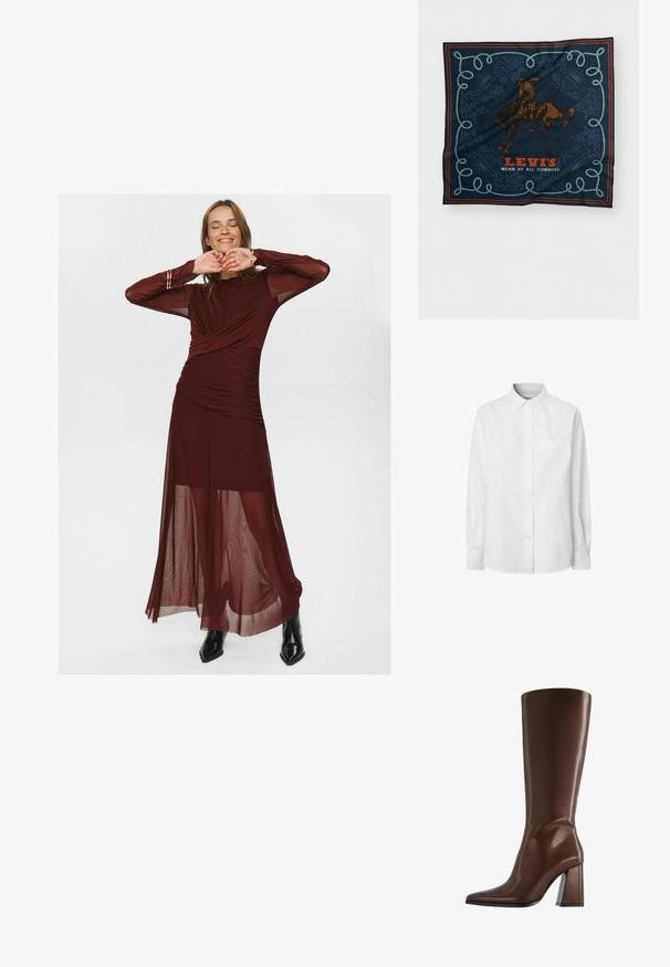 Brun knapjakke med sort læderkrave og -manchetter, der har to frontlommer med klap og trykknapper.; Hvid langærmet skjorte med knapper lavet af bomuld, med en klassisk krave, knaplukning og en let buet bund.; Lang bordeaux kjole lavet af gennemsigtigt og glat stof, med en indpakket bodice, plisserede detaljer og gennemsigtige lange ærmer.; Brun knæhøj læderstøvle med spids tå og robust midthøj hæl vist i sideprofil på hvid baggrund.; Marineblå silkeslærred med et grafik af en brown heste rytter, dekoreret med et blåt rebmønster og teksten "LEVI'S BRUGT AF ALLE KOBOLD" i rød.