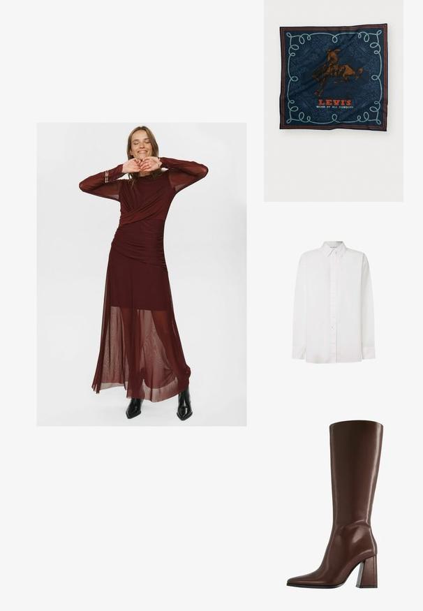 Brown buttoned jacket with black leather collar and cuffs, featuring two front flap pockets with snap closures.; White long-sleeve shirt made of cotton. Features a button-down collar, front buttons, and a straight hem. Subtle branding on the chest.; Long burgundy dress made of sheer and smooth fabric, featuring a wrapped bodice, ruched detailing, and sheer long sleeves.; Brown knee-high leather boot with a pointed toe and a chunky, transparent heel. Smooth texture with minimal detailing.; Navy silk scarf featuring a brown horse rider graphic, decorative blue rope pattern, and “LEVI’S WORN BY ALL COWBOYS” text in red.