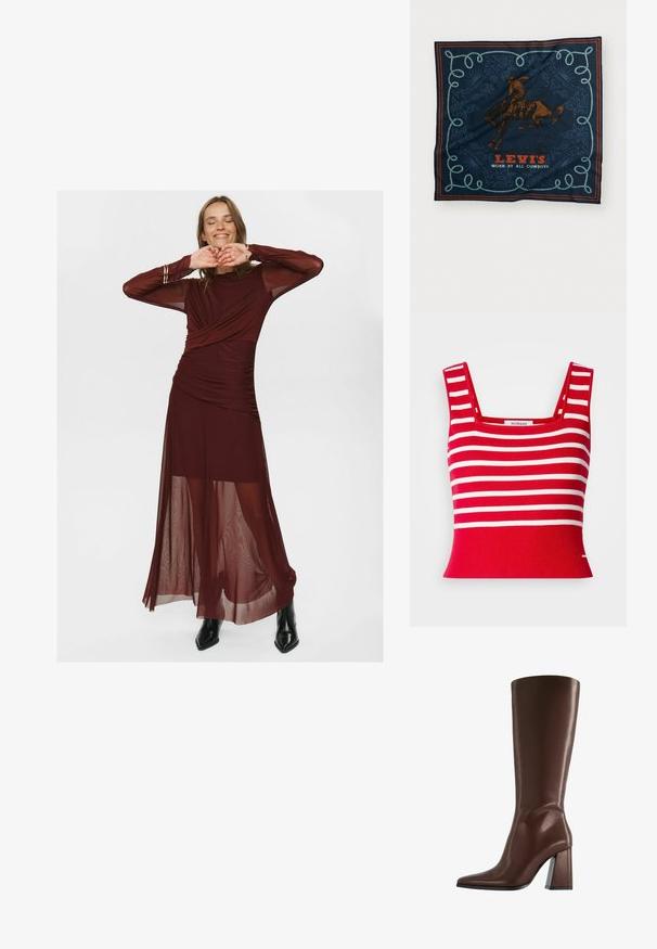 Jachetă maro cu nasturi, cu guler și manșete din piele neagră, având două buzunare frontale cu clapetă și închidere tip snap.; Top scurt tricotat roșu cu dungi orizontale albe. Prezintă un decolteu pătrat și o textură cu nervuri. Eticheta este plasată în centru.; Rochie lungă bordeaux dintr-un material transparent și neted, cu un decolteu încolăcit, detalii plisate și mâneci lungi transparente.; Cizme maro din piele, până la genunchi, cu vârf ascuțit și toc gros de înălțime medie, prezentate în profil lateral pe fundal alb.; Săcul de mătase bleumarin cu un grafic cu un călăreț pe cal maroniu, un model decorativ cu frânghie albastră și textul „LEVI'S PURTAT DE TOȚI COWBOYI” în roșu.