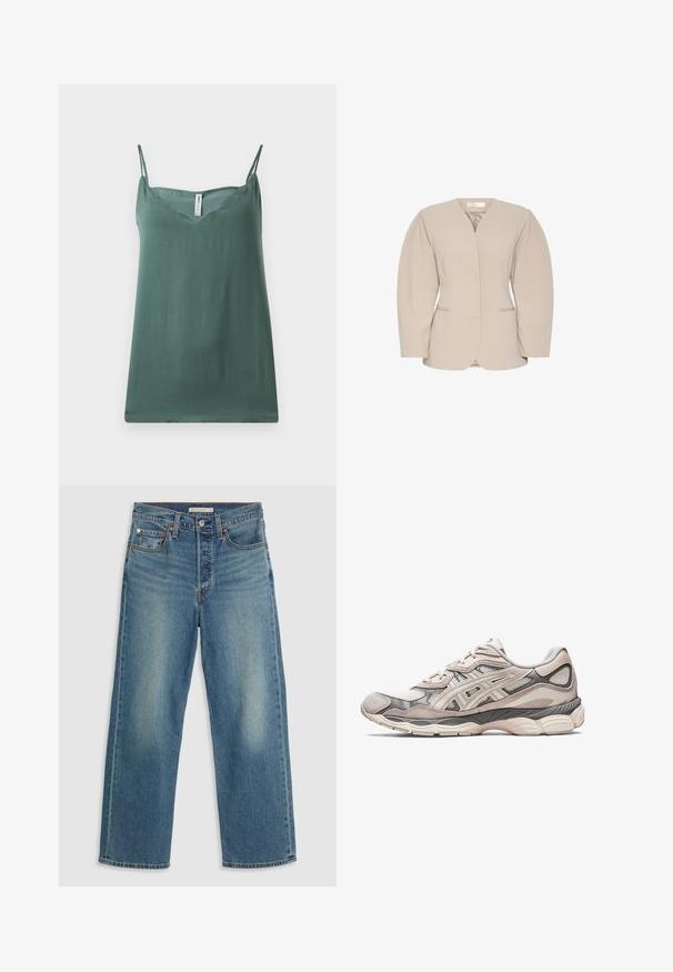 Bežový blazer s hlubokým výstřihem do V, strukturovanými rameny a dlouhými rukávy. Obsahuje dvě přední kapsy a hladký povrch.; Zelený bezrukávový top s tenkými nastavitelnými ramínky, výstřihem do V, hladkou texturou a volným střihem, vyrobený z lehkého materiálu.; Bílý tílko s červenými detaily, s textem "Saddle Up" a grafikou bot v červené výšivce. Hladká tkanina, neformální design. Velikosti se mohou lišit.; Světlé modré džíny z denimu se střihem rovného nohavice. Mezi funkce patří vyšitý pas, pět kapes a viditelné vyblednutí.; Světlé šedé sportovní boty s vrchní částí z síťoviny a surové kůže. Vyznačují se polstrovanou podrážkou, výraznými překryvy a strukturovaným designem.
