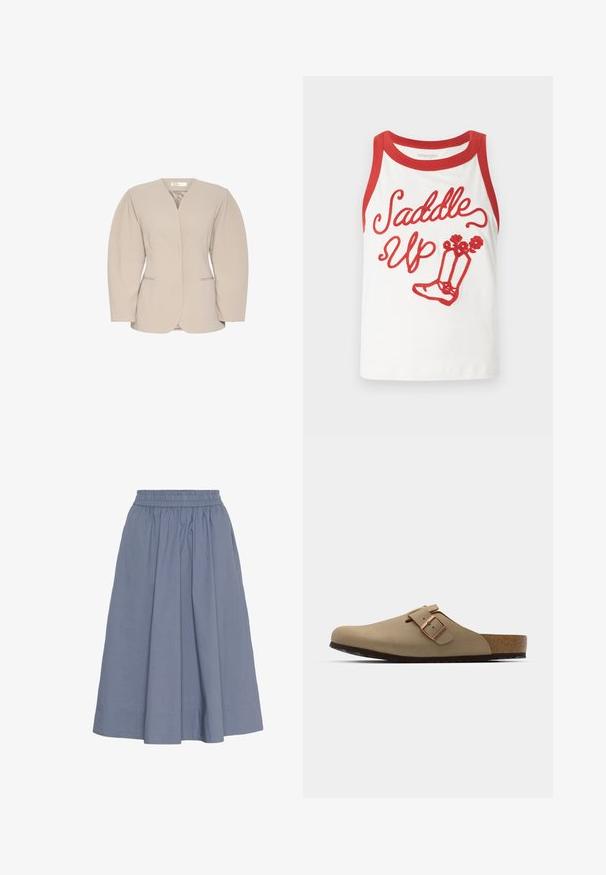 Beige Blazer mit tiefem V-Ausschnitt, strukturierten Schultern und langen Ärmeln. Verfügt über zwei Fronttaschen und eine glatte Oberfläche.; Weißes Tanktop mit rotem Saum, das den Text "Saddle Up" und eine Boots-Grafik in roter Stickerei zeigt. Glatte Stoffqualität, lässiges Design. Größen können variieren.; Ein knielanger, hellblauer Baumwollrock mit einem elastischen Bund, der ein gerafftes Design und eine glatte Textur für zusätzlichen Komfort aufweist.; Beige Clogs mit einer abgerundeten Zehenpartie, verstellbarem Schnallenakzent und Korkfußbett. Strukturierte Oberfläche mit einer schwarzen Gummisohle für besseren Halt.