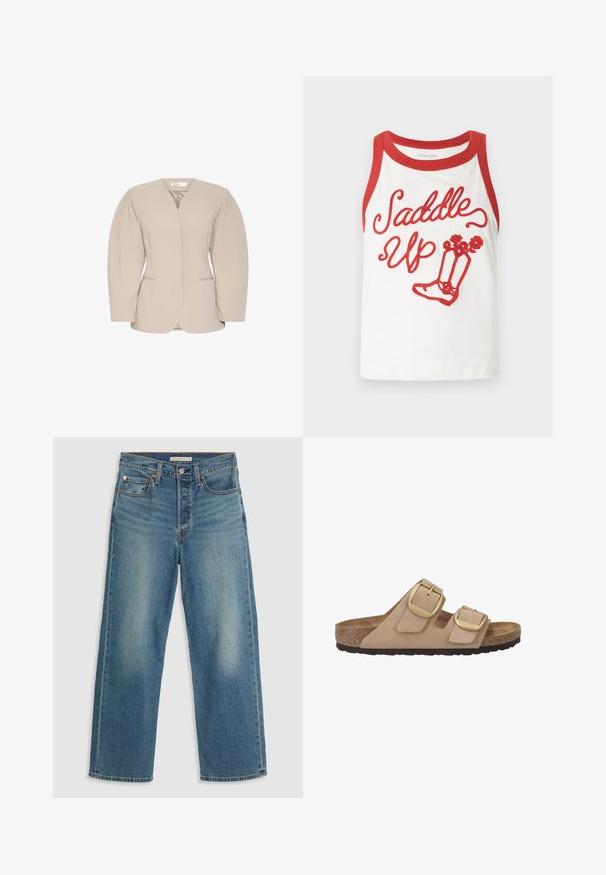 Bežový blazer s hlubokým výstřihem do V, strukturovanými rameny a dlouhými rukávy. Obsahuje dvě přední kapsy a hladký povrch.; Bílý tílko s červenými detaily, s textem "Saddle Up" a grafikou bot v červené výšivce. Hladká tkanina, neformální design. Velikosti se mohou lišit.; Světlé modré džíny z denimu se střihem rovného nohavice. Mezi funkce patří vyšitý pas, pět kapes a viditelné vyblednutí.; Beige sandály se dvěma řemínky, vyrobené z měkké semišové horní části, se zlatými kovovými sponami, korkovou vložkou a texturovanou gumovou podrážkou.