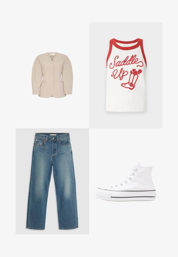 Beež ülikondjakk sügava V-kaelusega, struktureeritud õlgade ja pikkade varrukatega. Omab kahte esipaneeli taskut ja sujuvat viimistlust.; Valge käisteta pluus punaste ääristega, millel on "Saddle Up" tekst ja punane tikand kingsavalikuga. Sile kangas, lihtne disain. Suurused võivad varieeruda.; Heledad sinise muudatused sirge säärega teksad. Omadusteks on õmmeldud vöökoht, viis taskut ja nähtav kulumine.; Valge kõrgem kangast tenniseking, millel on must kummist tald, ees kummist varvasetugi ja kuus aukku paelte jaoks, pakkudes puhta ja minimalistliku disaini.