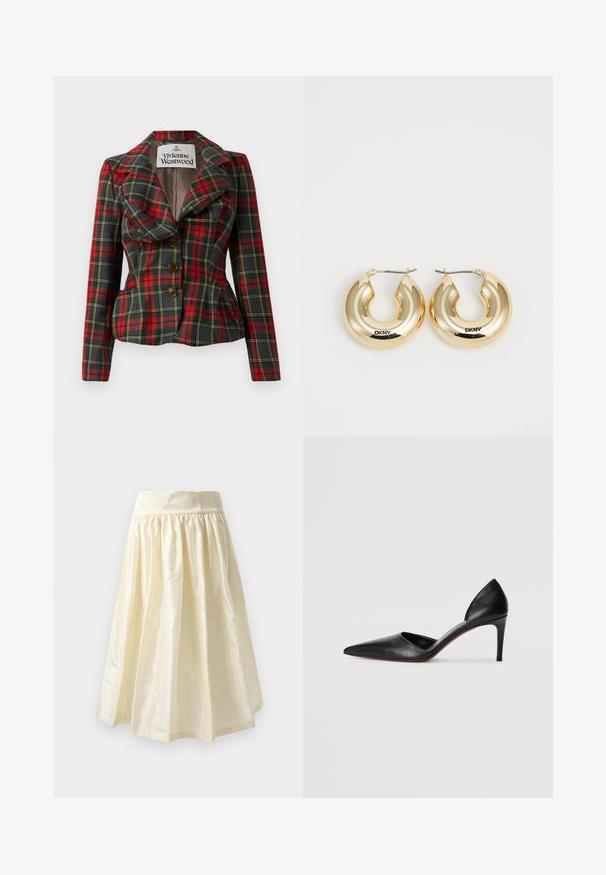 Červený a černý kostkovaný kabát se střihem na míru, velkými klopami a třemi hnědými knoflíky vpředu. Podšitý interiér, viditelný štítek Vivienne Westwood.; Bílá saténová košilka s nastavovacími ramínky, strukturovaným, vlnitým výstřihem a rovnými lemy. Hladká textura a minimalistický design.; Krémová, středně dlouhá sukně vyrobená z lehkého, lesklého materiálu se staženým pasem a hladkou texturou.; Černé kožené lodičky na vysokém podpatku s špičatou špičkou, otevřenými stranami a elegantním tvarem. Disponují tenkým podpatkem a akcentem červené podrážky.; Zlaté kruhové náušnice s hladkým, zaobleným designem a lesklým povrchem, vybavené sponou pro zajištění. Vystouplý nápis "DKNY".