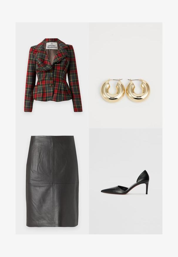 Veste écossaise rouge et noire avec une coupe ajustée, grands revers et trois boutons bruns à l'avant. Doublure intérieure, étiquette Vivienne Westwood visible.; Caraco en satin blanc avec bretelles réglables, un bustier structuré et festonné, et un ourlet droit. Texture lisse et design minimaliste.; Jupe en cuir noir avec une texture lisse, présentant des coutures verticales et un design droit. Aucun matériel ou accent visible.; Escarpins noirs en cuir à talon haut avec un bout pointu, des côtés ouverts et une silhouette épurée. Ils disposent d'un talon fin et d'un accent de semelle rouge.; Boucles d'oreilles créoles en or avec un design lisse et arrondi et une finition brillante, dotées d'un fermoir pour un maintien en sécurité. Gravées avec "DKNY."