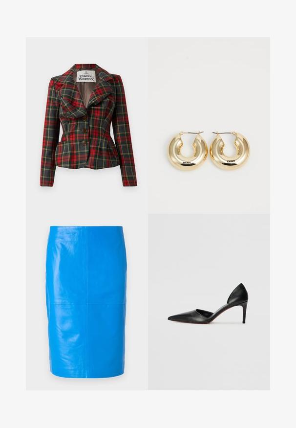 Rote und schwarze Karojacke mit taillierter Passform, großen Revers und drei braunen Knöpfen auf der Vorderseite. Futter aus Innenmaterial, label von Vivienne Westwood sichtbar.; Weiße Satin-Camisole mit verstellbaren Trägern, strukturierter, gewellter Brust und geradem Saum. Glatte Textur und minimalistisches Design.; 2nd Day JAYAN - Lederrock - skydiver; Schwarze Leder-Pumps mit hohen Absätzen, spitz zulaufender Zehenpartie, offenen Seiten und einer eleganten Silhouette. Besitzt einen dünnen Absatz und einen roten Sohlenakzent.; Goldene Creolen mit einem glatten, abgerundeten Design und einer glänzenden Oberfläche, ausgestattet mit einem Verschluss zur Sicherung. Mit "DKNY" graviert.