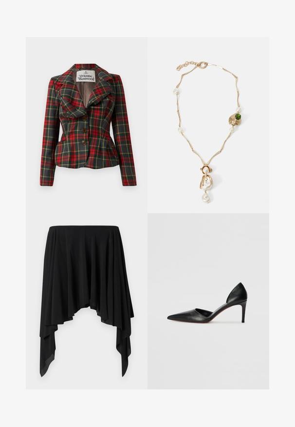 Raudona ir juoda languota striukė su pritaikytu sukirpimu, didelėmis apykaklėmis ir trimis rudos spalvos mygtukais priekyje. Pamušalas viduje, matoma Vivienne Westwood etiketė.; Balta satininė camisole su reguliuojamomis petnešomis, struktūrizuotu, banguotu krūtiniu ir tiesiu apvadu. Švelni tekstūra ir minimalistinis dizainas.; Juoda asimetriška sijonas, pagamintas iš minkštos medžiagos, su drapiruotais sluoksniais ir plačiu juosmeniu, sukuriantis plaukuojančią siluetą.; Juodos odinės aukštakulnės bateliai su koto formos nosimi, atviromis šoninėmis dalimis ir elegantiška siluetu. Pabrėžiamas plonas kulnas ir raudonas padas.; Auksinės spalvos apyrankė su susuktomis grandinėmis, baltais perlais ir žaliuoju akmeniu. Pasižymi sudėtingais detalėmis ir užsegimu.
