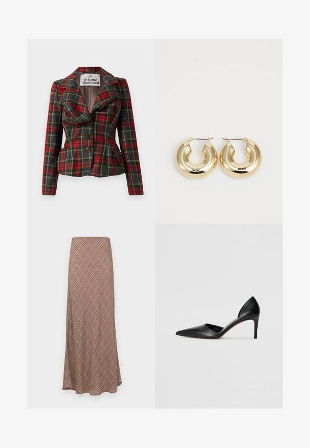Punainen ja musta ruudullinen takki, jossa on istuva malli, suuret läpät ja kolme ruskeaa nappia edessä. Vuorattu sisäosa, Vivienne Westwood -logo näkyvissä.; Valkoinen satiinikammeo, jossa on säädettävät hihnat, muotoiltu, aaltoileva rintakappale ja suora helma. Sileä rakenne ja minimalistinen muotoilu.; Pitkä, levenevä hame, jossa on ruskea geometrinen kuvio, sileä materiaalin pinta ja muotoiltu vyötärö, joka takaa mukavuutta.; Mustat nahkaiset korkokenkäpumpsit, joissa on teräväkärkinen muotoilu, avoimet sivut ja virtaviivainen siluetti. Ominaisuuksiin kuuluu ohut korko ja punainen pohja.; Kulta-renkaat korvakorut, joissa on sileä, pyöreä muotoilu ja kiiltävä pinta. Varustettu lukolla kiinnittämistä varten. Kaiverrettu "DKNY".