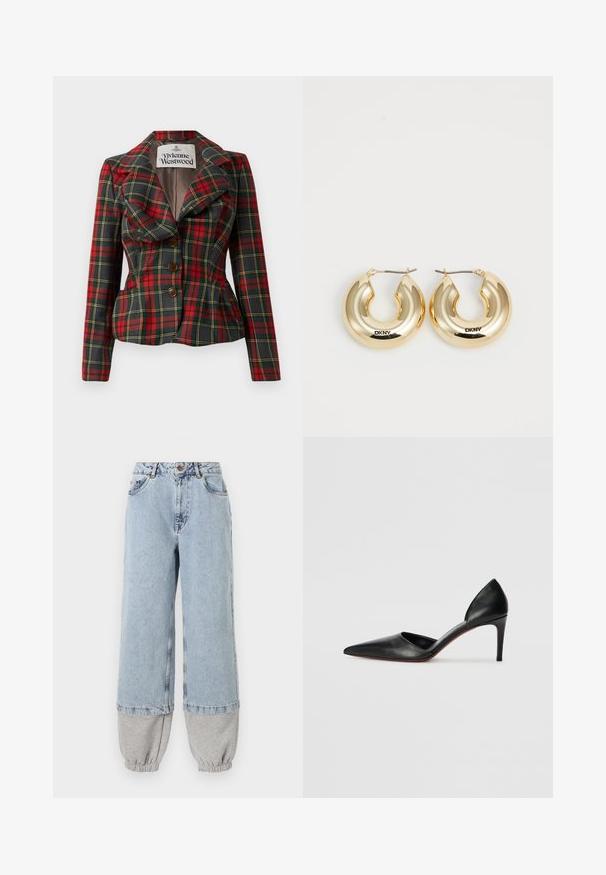 Raudona ir juoda languota striukė su pritaikytu sukirpimu, didelėmis apykaklėmis ir trimis rudos spalvos mygtukais priekyje. Pamušalas viduje, matoma Vivienne Westwood etiketė.; Balta satininė camisole su reguliuojamomis petnešomis, struktūrizuotu, banguotu krūtiniu ir tiesiu apvadu. Švelni tekstūra ir minimalistinis dizainas.; Šviesiai mėlyni džinsai su laisvu siluetu, turintys pilkus medvilninius rankogalius apačioje ir standartines kišenes. Klasikinis penkių kišenių dizainas.; Juodos odinės aukštakulnės bateliai su koto formos nosimi, atviromis šoninėmis dalimis ir elegantiška siluetu. Pabrėžiamas plonas kulnas ir raudonas padas.; Auksinės auskarų lankeliai su lygiu, suapvalintu dizainu ir blizgiu paviršiumi, turintys užsegimą. Išgraviruota "DKNY."