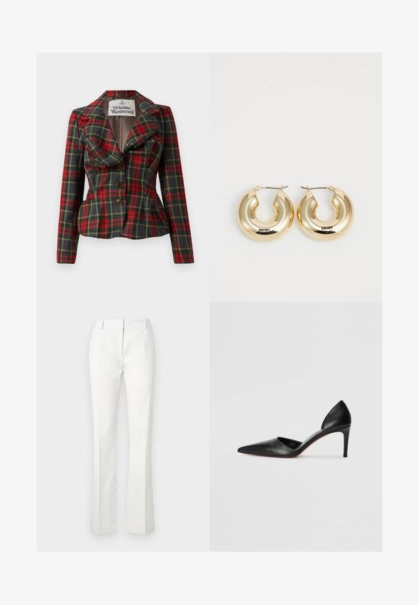 Jachetă cu carouri roșii și negre, cu croială ajustată, rever mari și trei nasturi maronii în față. Interior căptușit, eticheta Vivienne Westwood vizibilă.; Camisole alb din satin cu bretele ajustabile, bust structurat și ondulat, și tiv drept. Textură netedă și design minimalist.; Pantaloni albi, croiți, cu fund evazat, având pliuri frontale și o textură netedă, confecționați dintr-un material ușor.; Pantofi cu toc înalt din piele neagră, cu vârf ascuțit, laturi deschise și o siluetă elegantă. Prezintă un toc subțire și un accent pe talpa roșie.; Cercei din aur în formă de cerc, cu un design neted și rotunjit și o finisare strălucitoare, având un sistem de închidere pentru securizare. Gravati cu "DKNY."