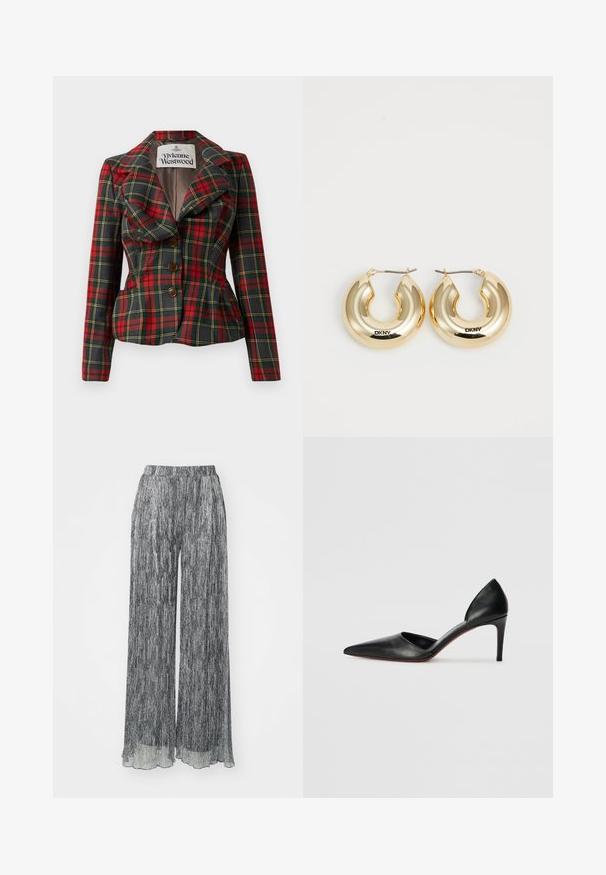 Rote und schwarze Karojacke mit taillierter Passform, großen Revers und drei braunen Knöpfen auf der Vorderseite. Futter aus Innenmaterial, label von Vivienne Westwood sichtbar.; Weiße Satin-Camisole mit verstellbaren Trägern, strukturierter, gewellter Brust und geradem Saum. Glatte Textur und minimalistisches Design.; Schwarz-weiße, weit geschnittene Hosen mit plissiertem Textur, elastischem Bündchen und transparentem Saum. Der Stoff hat vertikale Streifen.; Schwarze Leder-Pumps mit hohen Absätzen, spitz zulaufender Zehenpartie, offenen Seiten und einer eleganten Silhouette. Besitzt einen dünnen Absatz und einen roten Sohlenakzent.; Goldene Creolen mit einem glatten, abgerundeten Design und einer glänzenden Oberfläche, ausgestattet mit einem Verschluss zur Sicherung. Mit "DKNY" graviert.