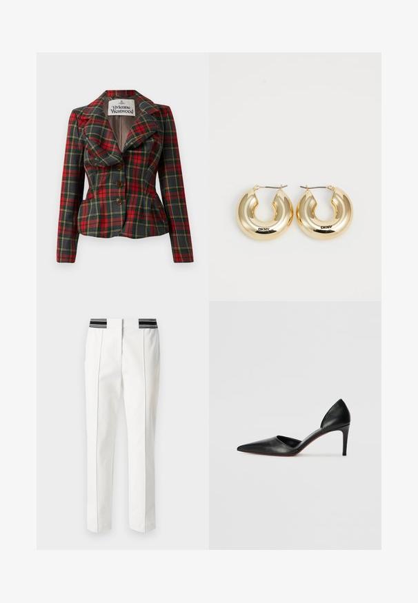 Rote und schwarze Karojacke mit taillierter Passform, großen Revers und drei braunen Knöpfen auf der Vorderseite. Futter aus Innenmaterial, label von Vivienne Westwood sichtbar.; Weiße Satin-Camisole mit verstellbaren Trägern, strukturierter, gewellter Brust und geradem Saum. Glatte Textur und minimalistisches Design.; Marc Cain Stoffhose - white; Schwarze Leder-Pumps mit hohen Absätzen, spitz zulaufender Zehenpartie, offenen Seiten und einer eleganten Silhouette. Besitzt einen dünnen Absatz und einen roten Sohlenakzent.; Goldene Creolen mit einem glatten, abgerundeten Design und einer glänzenden Oberfläche, ausgestattet mit einem Verschluss zur Sicherung. Mit "DKNY" graviert.