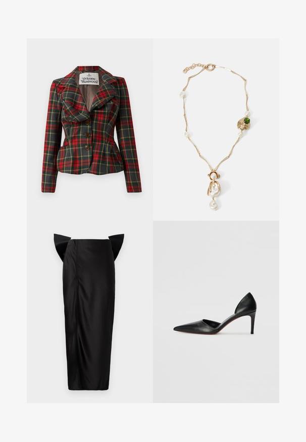 Piros és fekete kockás zakó, mely testhezálló fazonnal rendelkezik, nagy hajtókákkal és három barna gombbal az elülső részen. Bélése bélelt, Vivienne Westwood címke látható.; Fekete ujjatlan felső, fodros dekoltázsral, sima anyagból készült. Állítható vállpántokkal rendelkezik és egyszerű, testhez simuló fazonú.; Fekete midi szoknya testhezálló sziluettel, egyedi fodros panelekkel a csípőn, sima textúrával és oldalsó cipzár részlettel.; Fekete bőrből készült, magas sarkú, hegyes orrú cipők, nyitott oldalakkal és karcsú sziluettel. Finom sarkuk van, piros talpéval kiemelve.; Arany színű nyaklánc csavart láncszemekkel, fehér gyöngyökkel és zöld kő díszítéssel. Bonyolult részletekkel rendelkezik, és zárómechanizmussal van ellátva.