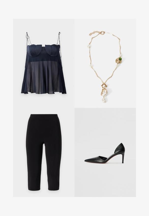 Giacca a scacchi rossa e nera con una vestibilità su misura, ampie rever, e tre bottoni marroni sul davanti. Interno foderato, etichetta Vivienne Westwood visibile.; Top senza maniche blu navy con design a strati, composto da una parte inferiore morbida e trasparente e una parte superiore strutturata con accenti curvi. Spalline regolabili.; Leggings capri neri realizzati in tessuto elasticizzato, caratterizzati da un design aderente e vita alta, senza cuciture o motivi visibili.; Décolleté nere in pelle con tacco alto, punta affusolata, lati aperti e una silhouette elegante. Presentano un tacco sottile e una suola rossa in evidenza.; Collana dorata con maglie attorcigliate, perle bianche e un accento di pietra verde. Presenta dettagli intricati e una chiusura per l'aggancio.