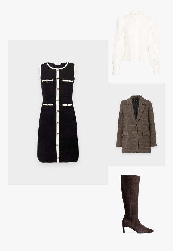 Brauner Fischgräten-Blazer mit Reverskragen, einreihigem Knopfverschluss, zwei vorderen Taschen und einem schwarzen Innenfutter. Dezente Karomusterakzente.; Schwarzes ärmelloses Kleid mit geradem Schnitt, weißen Kanten entlang der Ränder, vier Fronttaschen mit Knöpfen und einer zentralen Knopfleiste.; Weiße Bluse mit langen Ärmeln aus strukturiertem, plissiertem Stoff. Mit hohem, gerafftem Kragen und Knopfleiste. Breite, puffartige Ärmel und geknöpfte Handgelenke.; Braune Wildlederkniehohe Stiefel mit spitzer Zehe und 7,5 cm hohem Absatz. Glatte Textur, elegante Silhouette und minimalistisches Design.