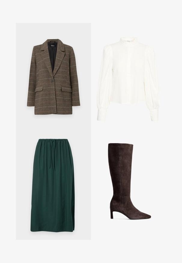 Hnedý sako v rybovom vzore s klopovým golierom, jedným gombíkom, dvoma prednými vreckami a čiernou podšívkou. Diskrétny kockovaný vzor ako akcent.; Biely dlhý rukáv blúzka s textúrovanou, pokrčenou tkaninou. Má vysoký, volánikový golier a zapínanie na gombíky. Široké vypchávky na rukávoch a manžety na zápästiach.; Dlhá, tmavo zelená sukňa vyrobená z hladkej tkaniny, so širokým elastickým pásom a šnúrkou na sťahovanie, a bočným rozparkom pre väčšiu voľnosť pohybu.; Hnedé semišové vysoké čižmy po kolená s špicatou špičkou a 3-palcovým opätkom. Hladká textúra, elegantný silueta a minimalistický dizajn.