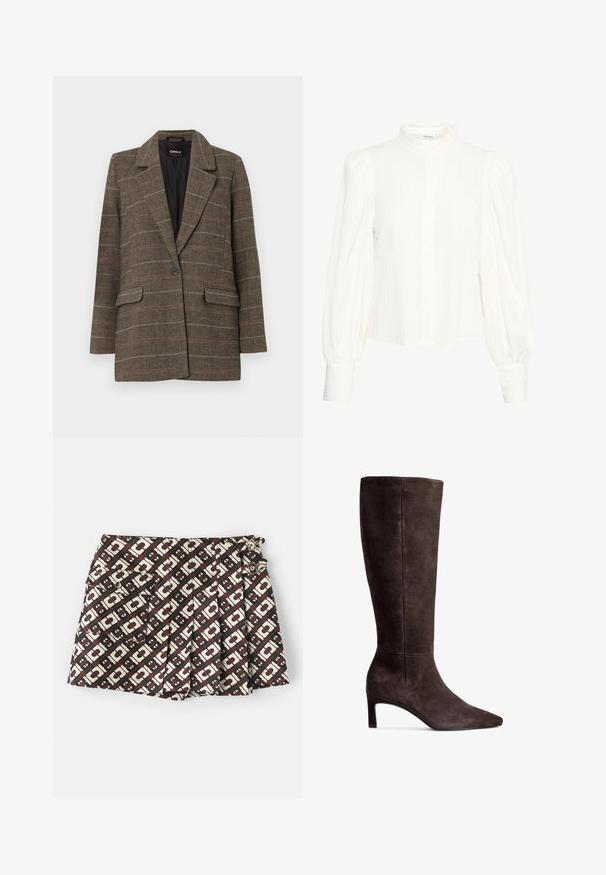 Blazer marrón de espiga con solapa muesca, cierre de un botón, dos bolsillos frontales y un forro interior negro. Accentos de un sutil patrón a cuadros.; Blusa blanca de manga larga con una tela texturizada y arrugada. Presenta un cuello alto con volantes y cierre de botones. Mangas anchas y abullonadas con muñecas con puños.; Pantalones cortos de marca con un patrón geométrico en marrón y crema, dos bolsillos laterales y detalles en dorado. La tela tiene una textura suave.; Bota de ante marrón hasta la rodilla con punta afilada y tacón de 7,5 cm. Textura suave, silueta elegante y diseño minimalista.