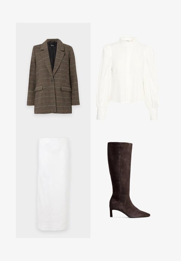 Brauner Fischgräten-Blazer mit Reverskragen, einreihigem Knopfverschluss, zwei vorderen Taschen und einem schwarzen Innenfutter. Dezente Karomusterakzente.; Weiße Bluse mit langen Ärmeln aus strukturiertem, plissiertem Stoff. Mit hohem, gerafftem Kragen und Knopfleiste. Breite, puffartige Ärmel und geknöpfte Handgelenke.; Weiße, knielange Röcke aus glattem Stoff. Besitzt ein einfaches, gerades Design mit einem elastischen Bund. Keine sichtbaren Muster oder Akzente.; Braune Wildlederkniehohe Stiefel mit spitzer Zehe und 7,5 cm hohem Absatz. Glatte Textur, elegante Silhouette und minimalistisches Design.